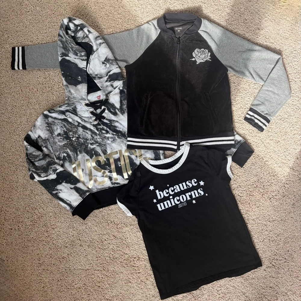 Justice Black and Gray Kids Zip up, Sweatshirt and Tshirt Bundle Size 10